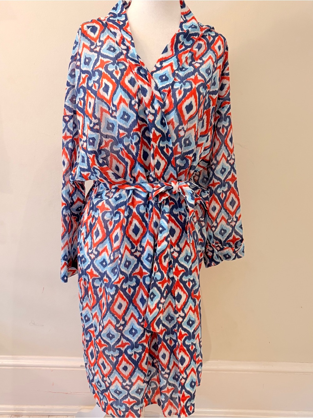 J. McLaughlin Kira Red, Blue, & White Ikat 100% Cotton Wrap Cover Up Sz L